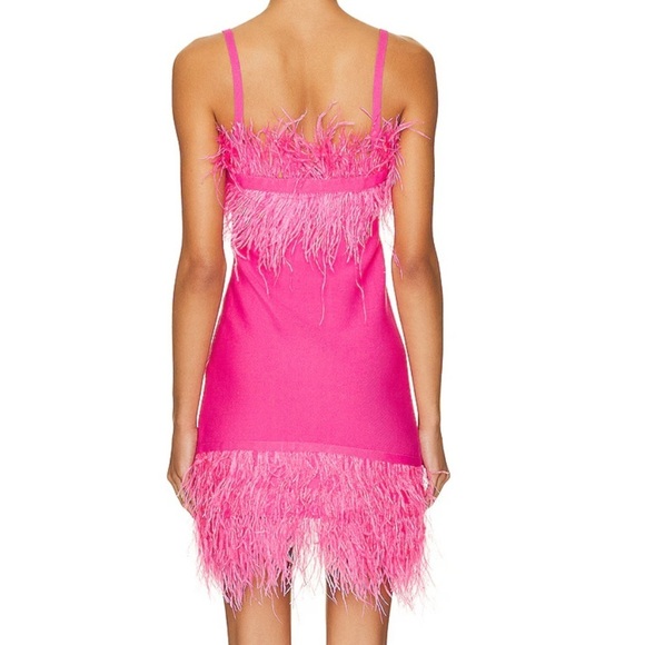STAUD Etta Dress Feather Trim Stretch Knit Mini Bright Pink Party Festival XS - Picture 5 of 13